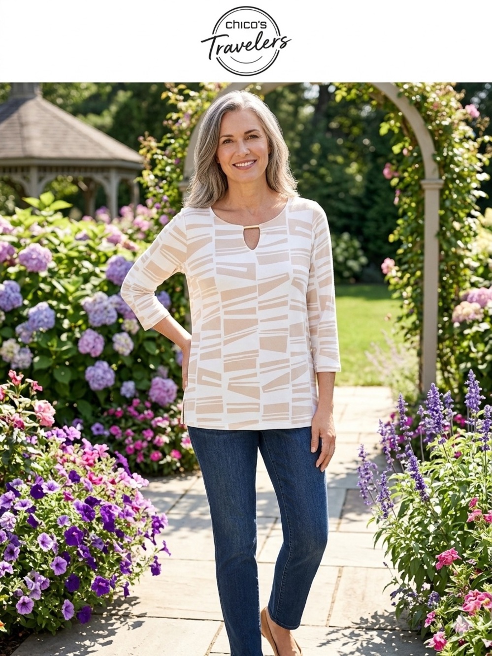 Chico's Travelers Cream Geo-Print Keyhole Long-Sleeve Top